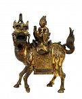 16C Chinese Gilt Lacquer Bronze Immortal Buddha Riding Kilin