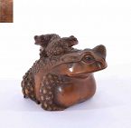 19C Japanese Boxwood Carved Carving 2 Toad Frog Okimono Sg