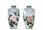Pair Meiji Japanese Wireless Cloisonne Rose Vase Gonda