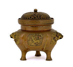 17C/18C Chinese Gilt Bronze Censer Fu Lion Ear