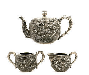 Late 19C Chinese Silver Bamboo Tea Set Mk w Box