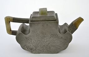 19C Chinese Jade Yixing Pewter Teapot 石楳 Sg