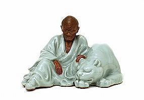 Meiji Japanese Tozan Studio Celadon Monk w Tiger