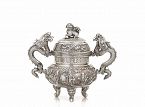 Old Chinese Export Silver Repousse Censer w Dragon Dog